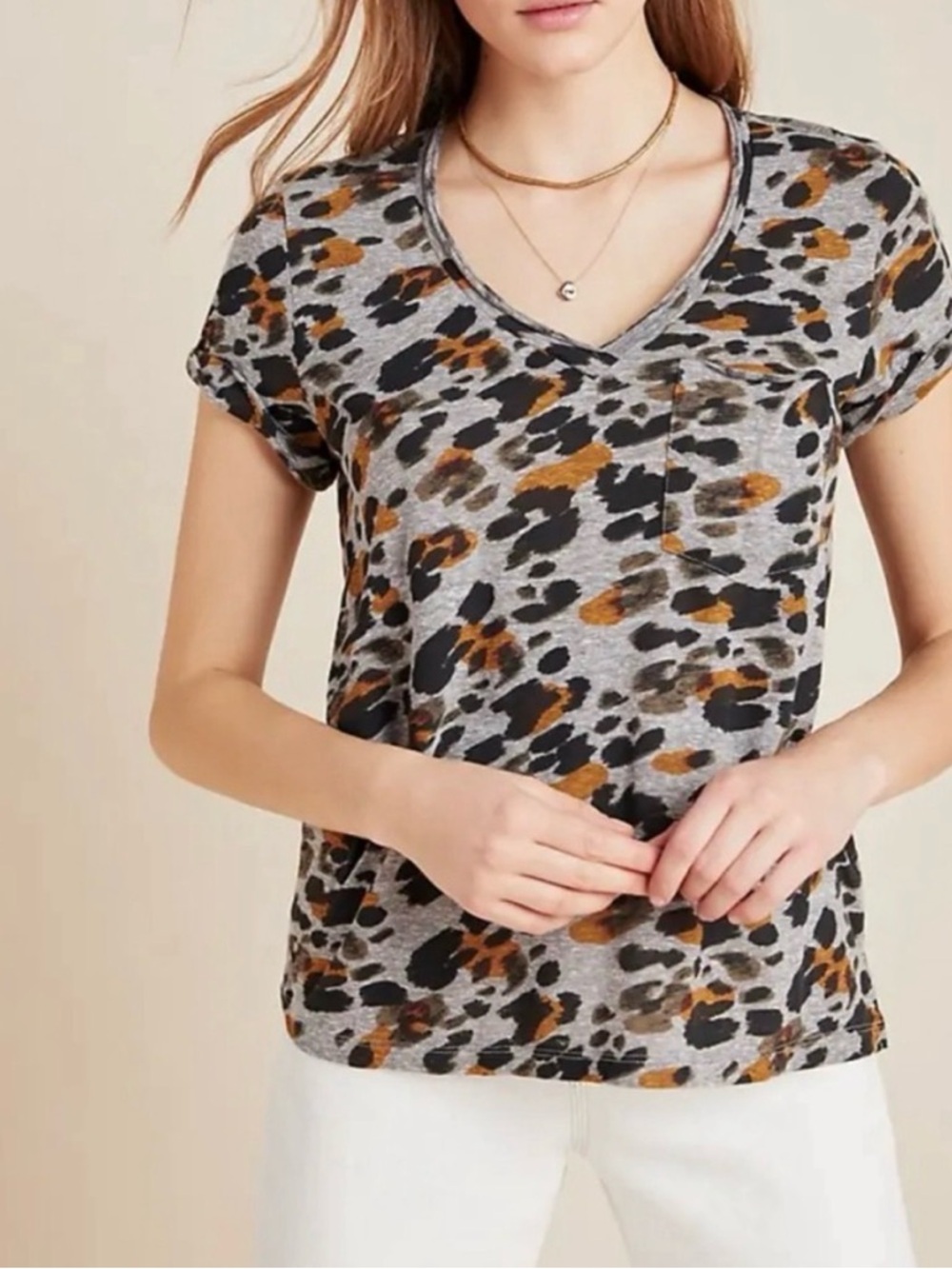 T.La Gray Leopard V-Neck Pocket Tee with Brown Accents